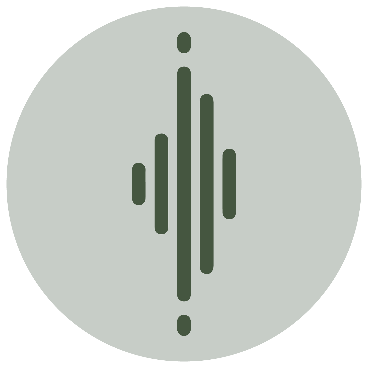 Graphic of a stylized soundwave or equalizer in dark green on a light gray circular background.