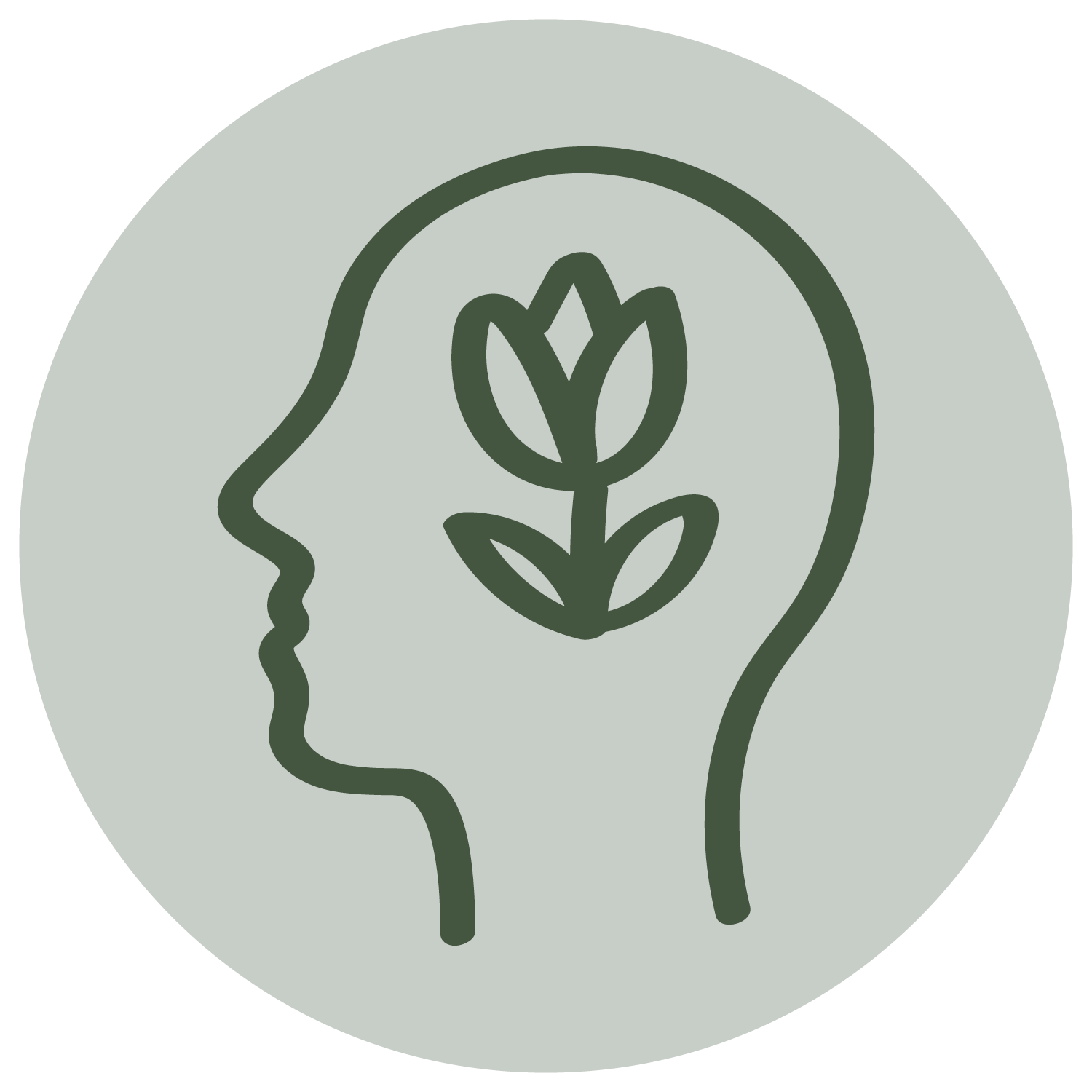 Line drawing of a human head profile and a side view of a face with a flower inside the head, symbolizing ideas or thinking.
