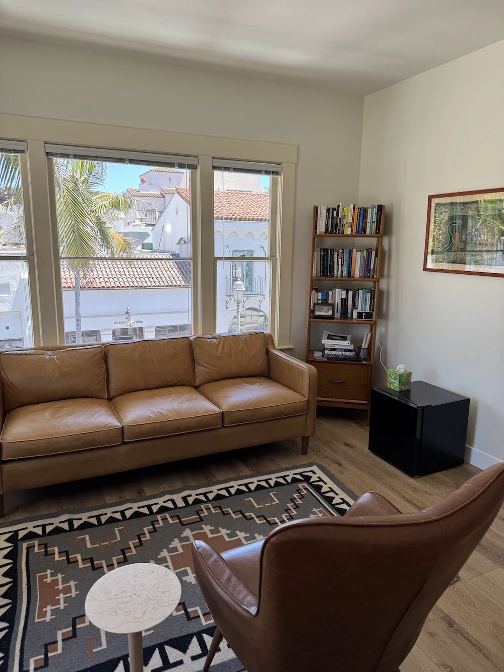 Living room with three windows, a tan leather sofa, a patterned area rug, a leather armchair, a small white side table, a wooden bookshelf filled with books, a black side table with a tissue box, and a decorative framed artwork on the wall.
