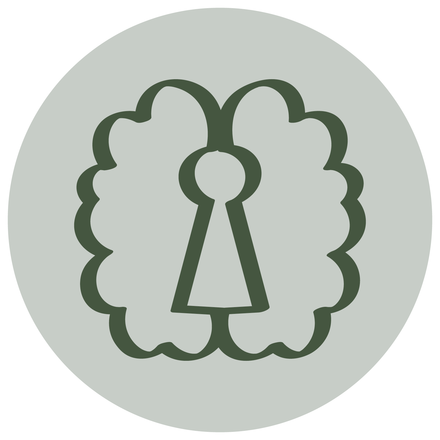 A stylized logo of a bee with a floral border around it on a gray circular background.