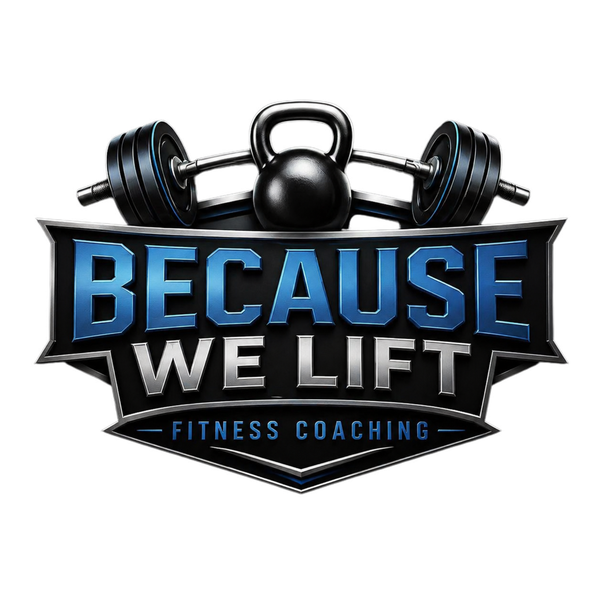 A black kettlebell with a shiny surface centered above a logo that says 'DECAVE' and 'Fitness Coaching' in blue and white text.