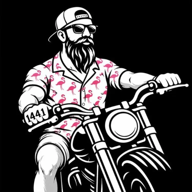 Illustrated bearded man in a flamingo-print shirt riding a motorcycle
