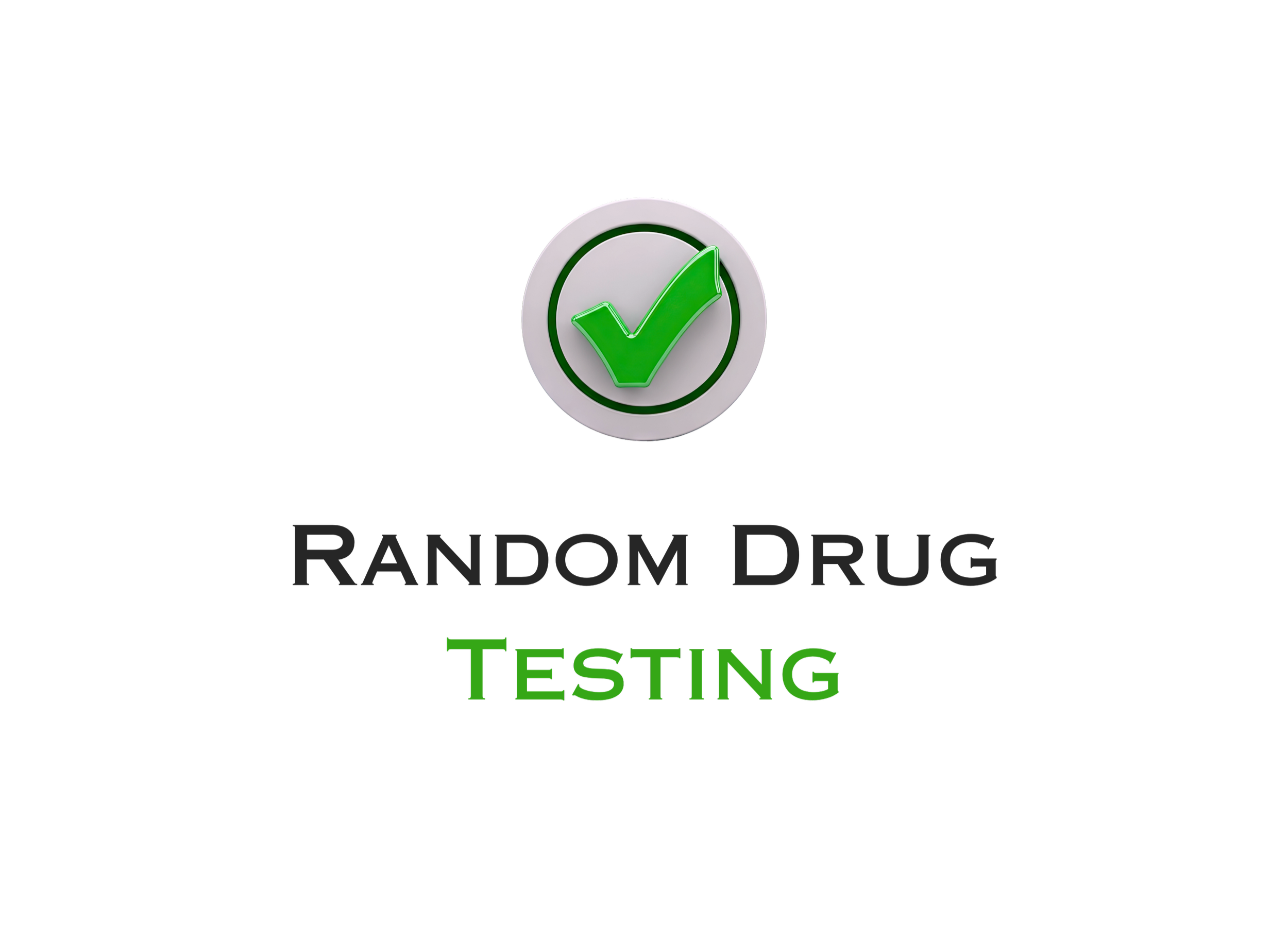 A logo with a circular green check mark inside a white circle with green outline, and text that says 'RANDOM DRUG TESTING' in black and green on a black background.