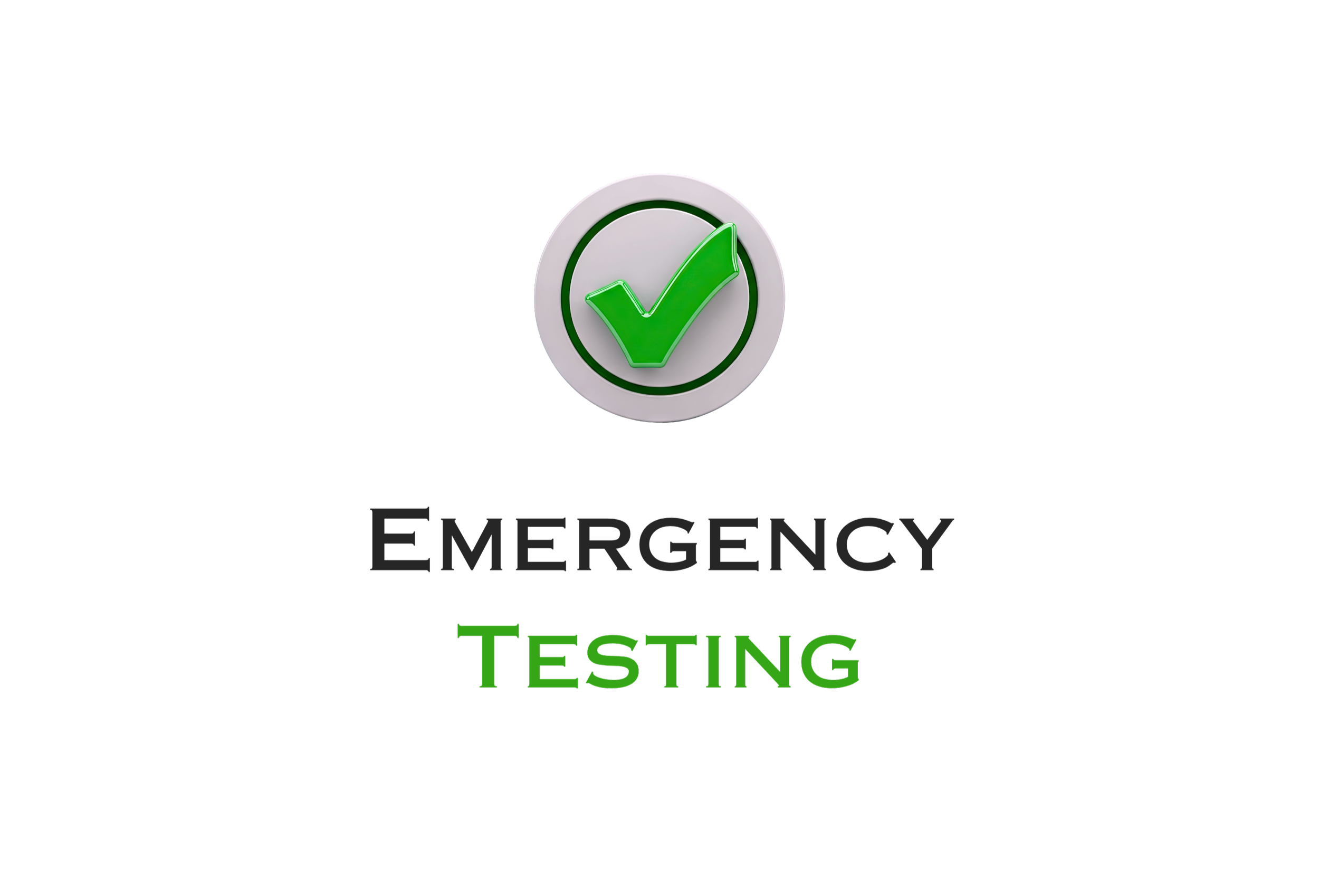Emergency testing logo featuring a green checkmark inside a gray circle with the words "Emergency Testing" below.