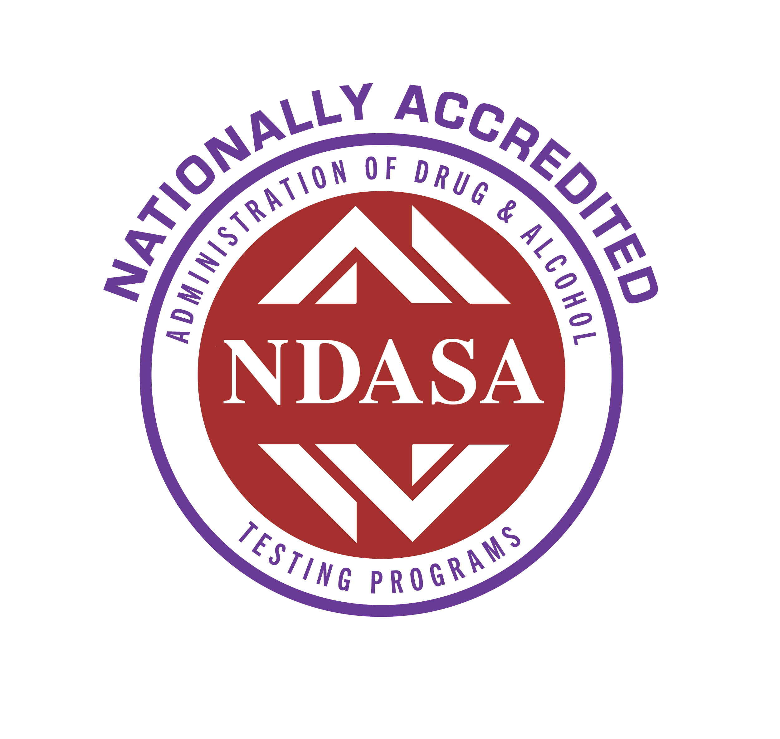 Logo for the National Drug and Alcoholism Testing Programs, featuring a red shield and purple text in a circular arrangement.