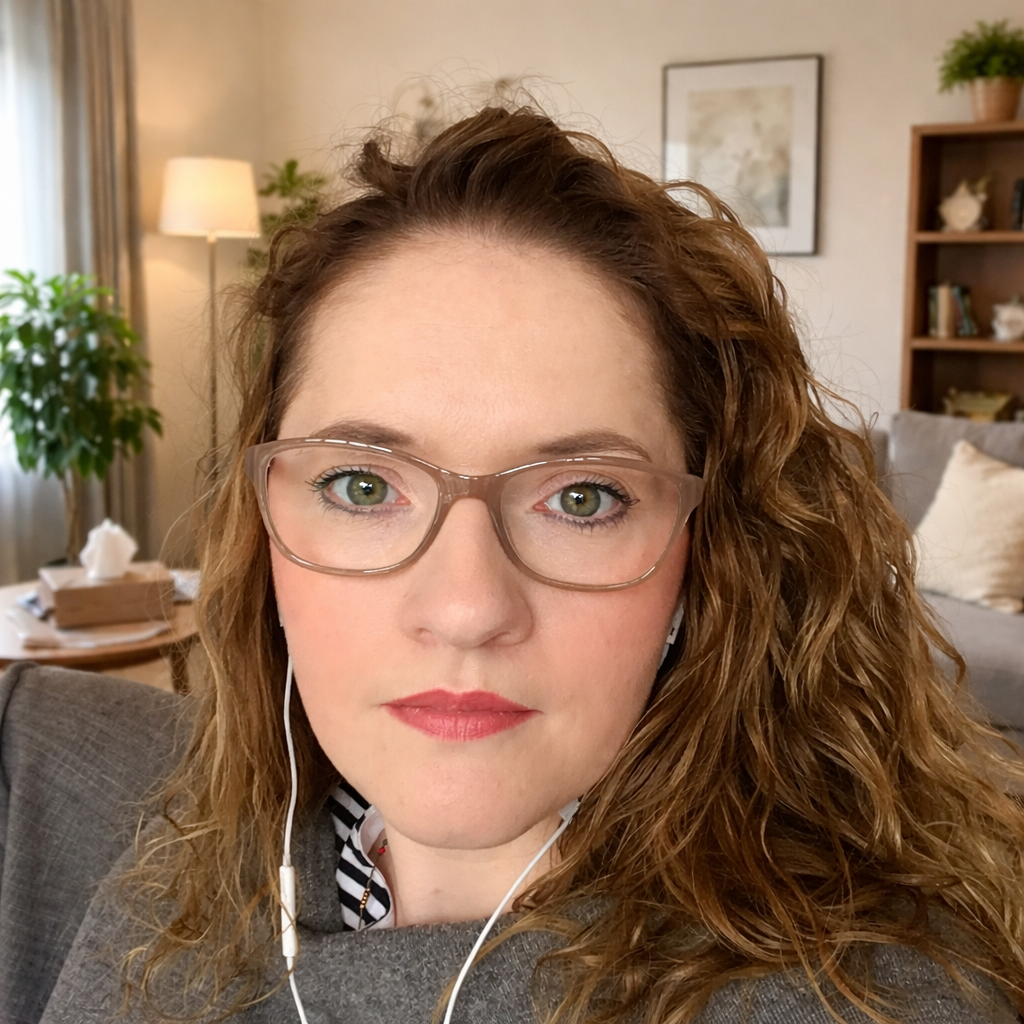 Close-up of a woman with brown hair, green eyes, wearing glasses, and white earbuds, sitting in a cozy living room with shelves, a lamp, and a couch in the background.