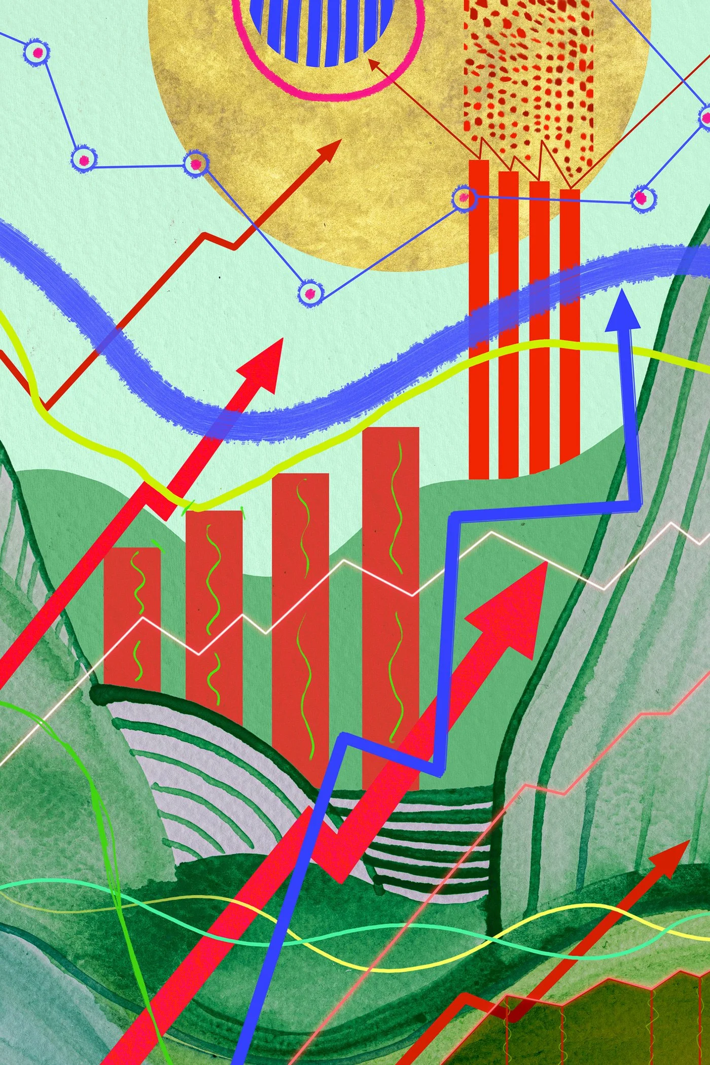 Abstract digital illustration with colorful line graphs, arrows, and geometric shapes on a green textured background.