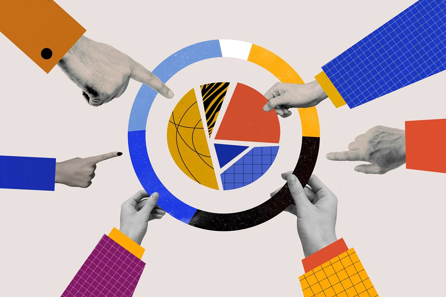 Multiple hands, in black and white and color, point at a colorful pie chart with various sections, surrounded by a circular border with sections in blue, black, and yellow.