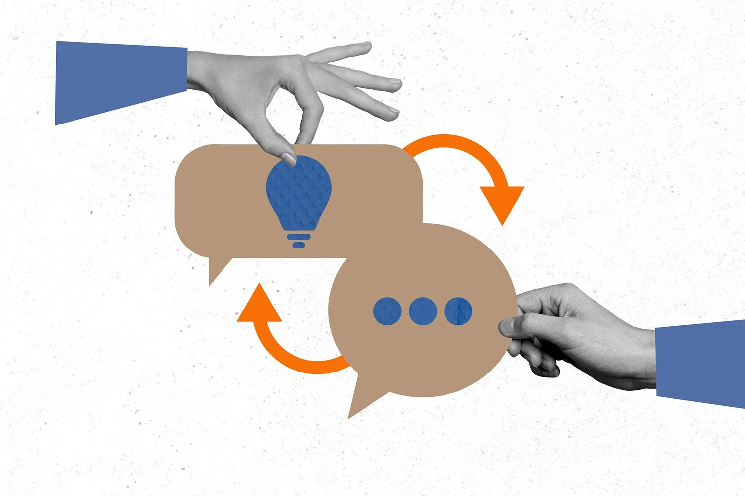 Illustration of two hands exchanging speech bubbles with icons, representing communication, ideas, and conversation.