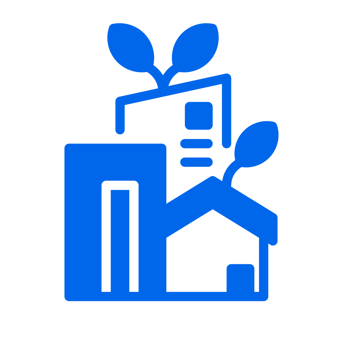 A blue icon depicting growth and sustainability, featuring a plant with leaves growing from various geometric shapes including a house, a building, and a rectangular block.
