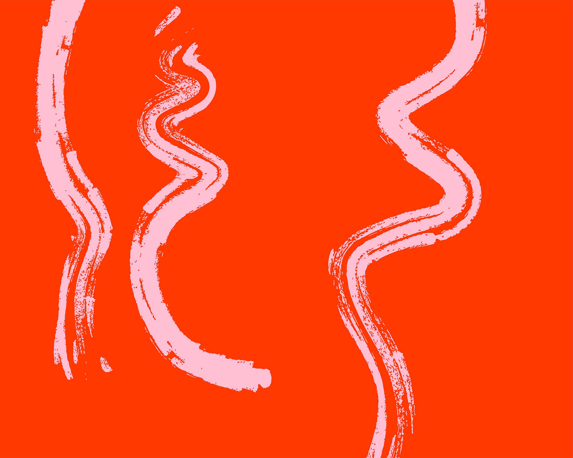 Bright red background with pink wavy brush strokes.