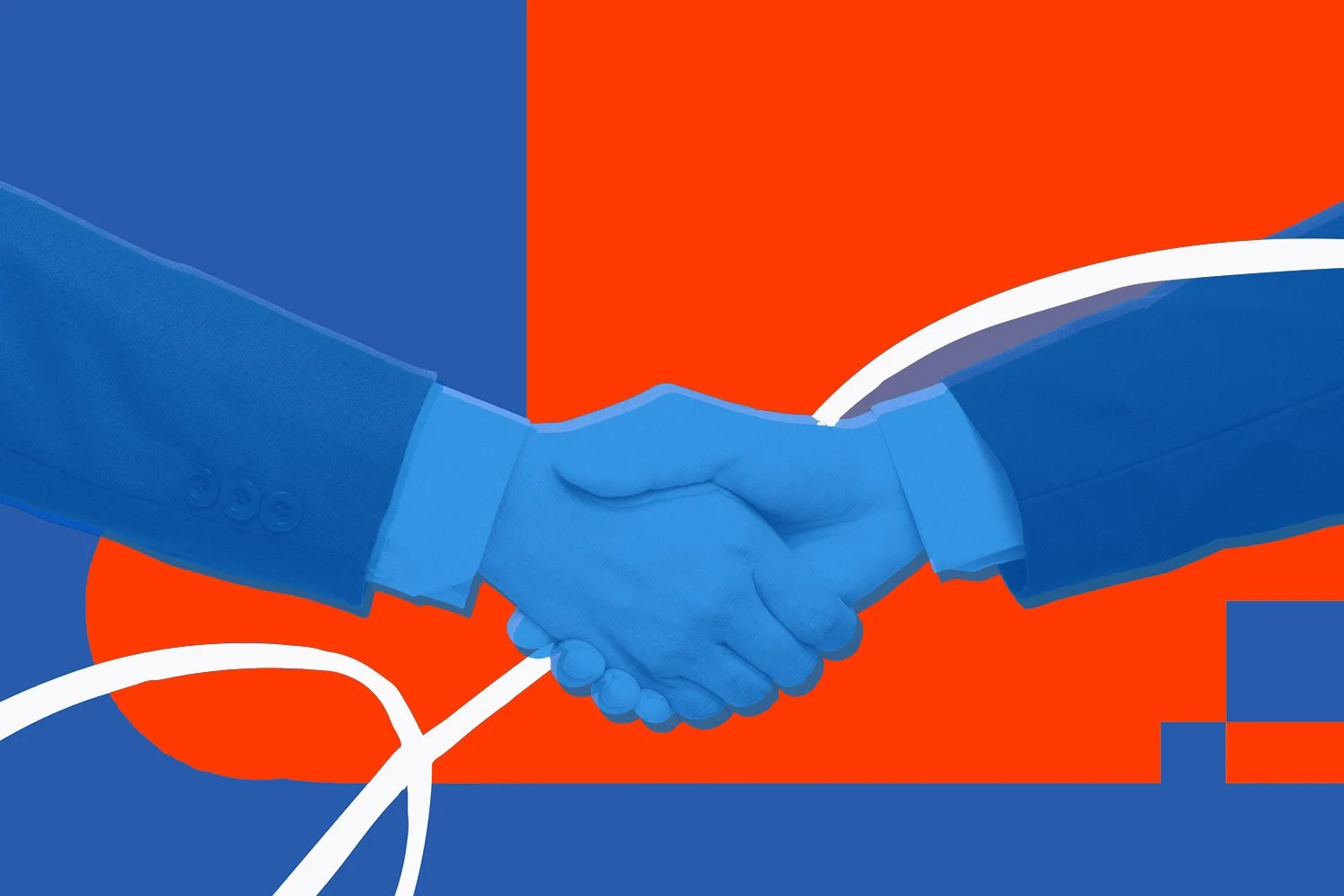 Digital illustration of two hands shaking against a background of red and blue geometric shapes, with white lines resembling cables or cords.