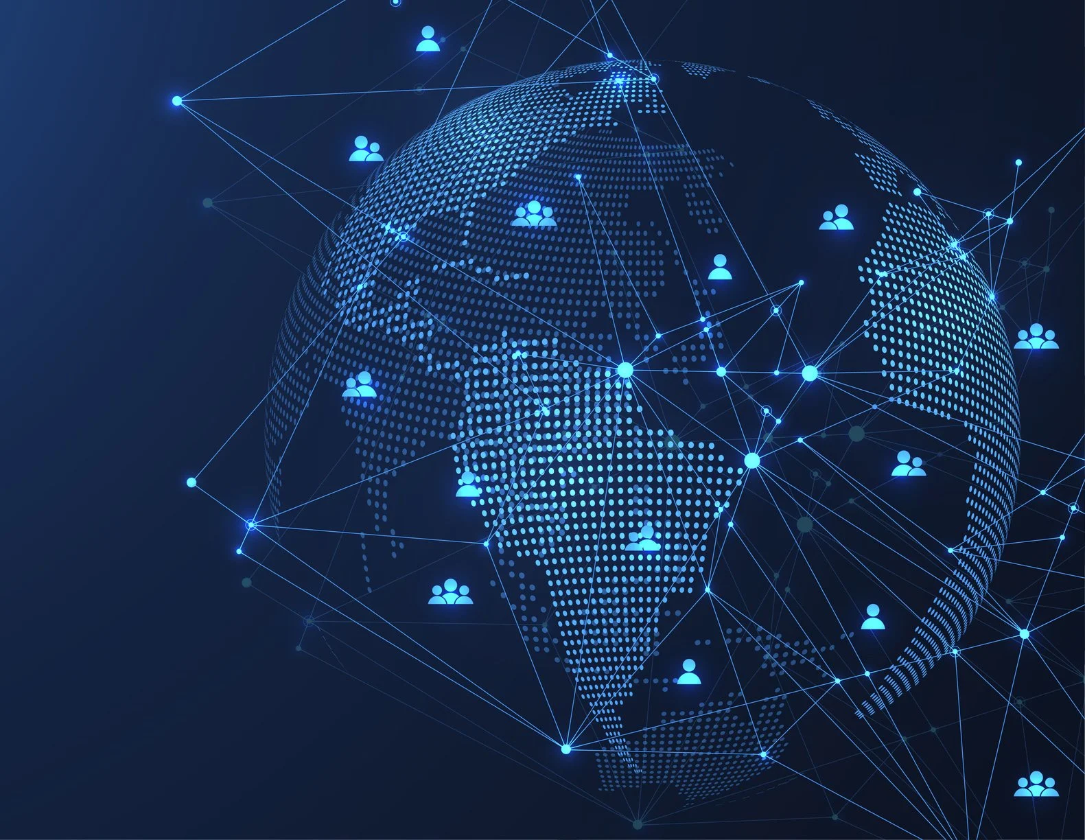 Digital illustration of a globe with a dotted pattern, overlaid with network lines and icons of people, representing global connectivity and social networks.