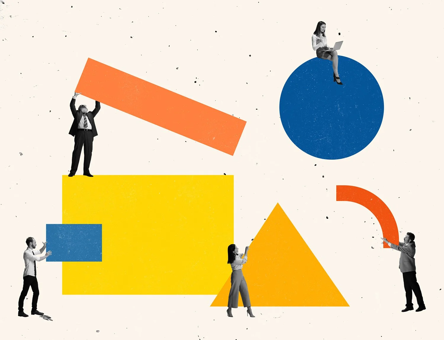 Black and white images of five businesspeople interacting with colorful geometric shapes on a beige background. The shapes include rectangles, circles, and triangles in orange, yellow, blue, and red.