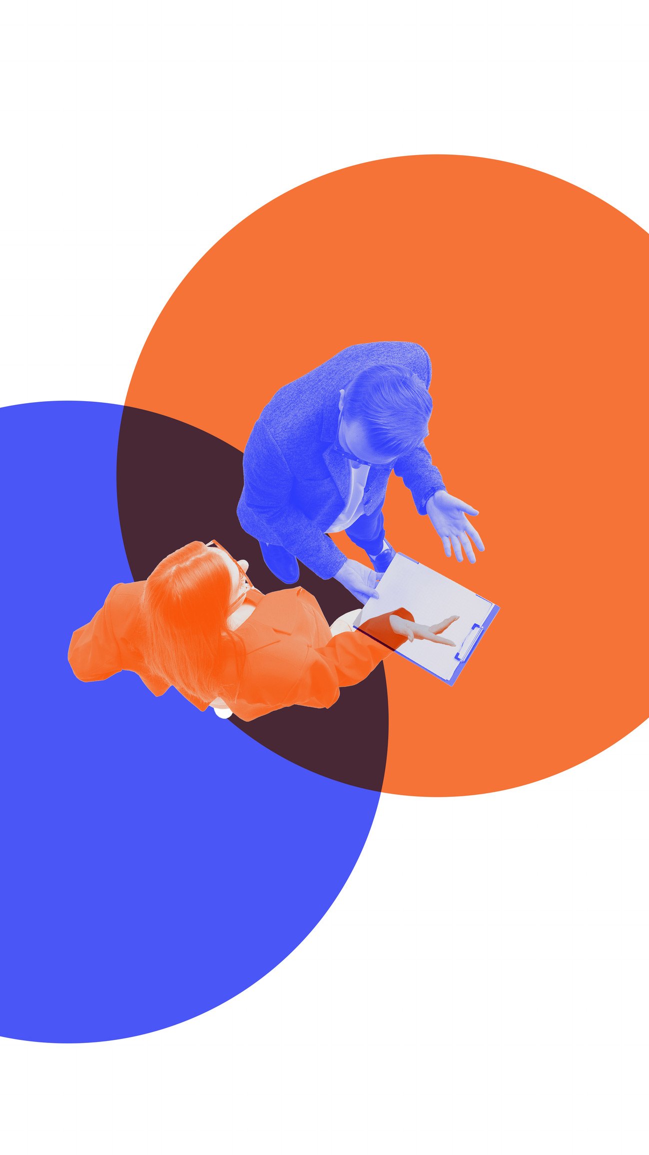 A man and a woman having a discussion, overlaid with blue, black, and orange circles in a modern, abstract style.
