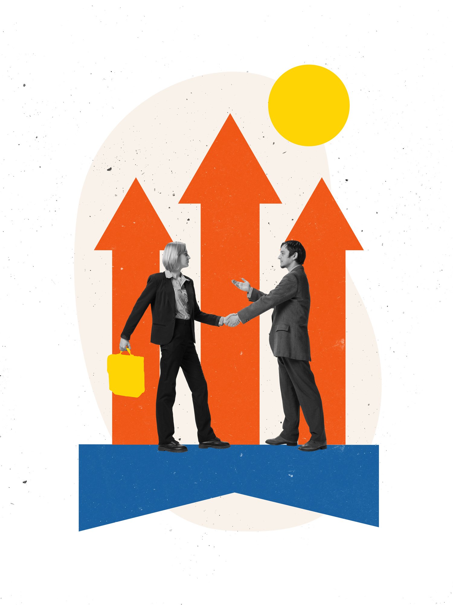 Illustration of two business people shaking hands, with large orange arrows pointing upward behind them, a yellow circle resembling the sun, and a blue arrow at the bottom.