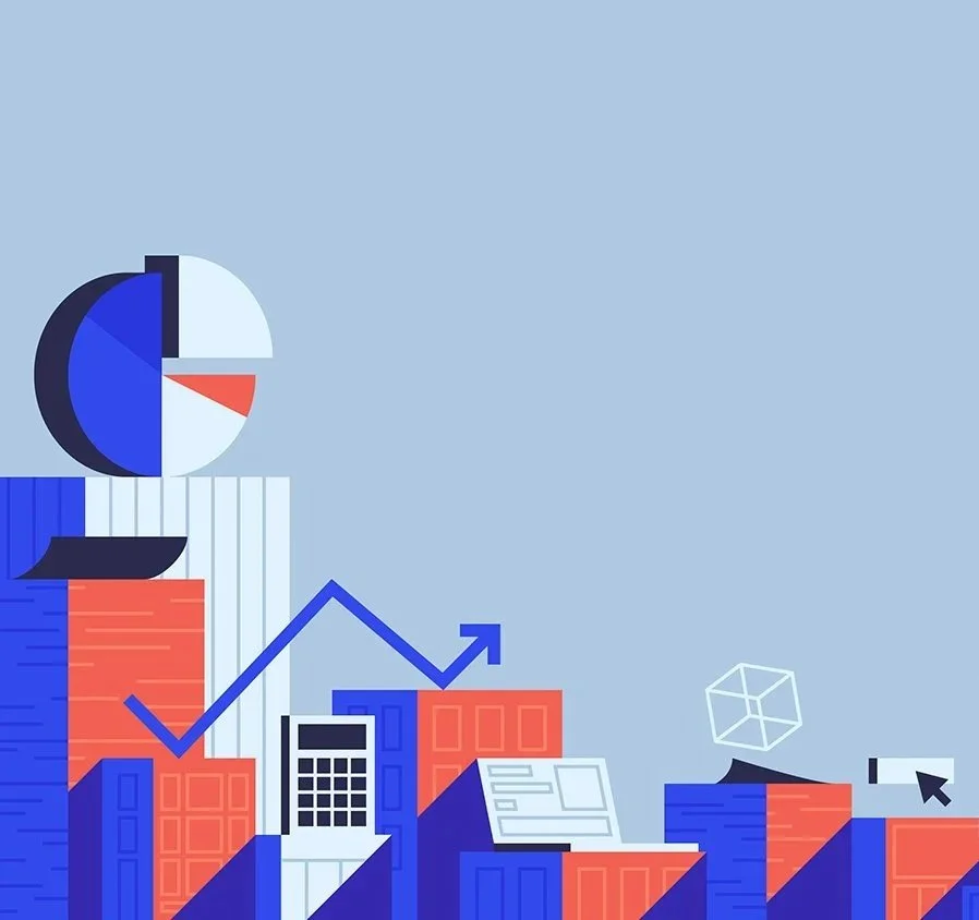 Abstract illustration of graphs, charts, and data representations with upward trending arrow and 3D cube, in blue, red, and white colors.