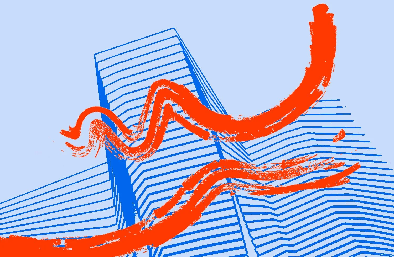 An illustration of a tall modern skyscraper made with blue lines, with three red, textured, wavy arrows crossing in front of it, symbolizing growth or increase.