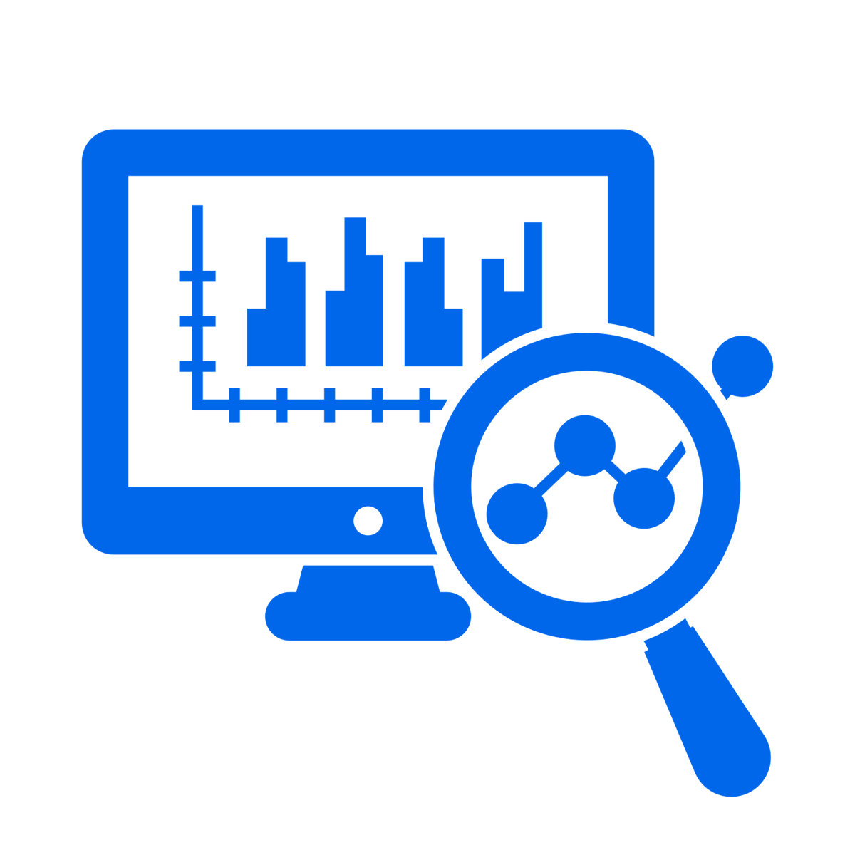 Icon of a computer monitor displaying a bar chart and a magnifying glass with a line graph inside, representing data analysis.