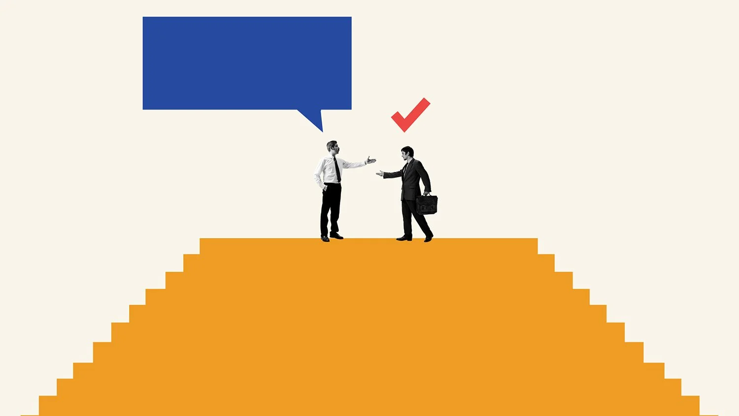 Two businessmen in suits standing on orange stairs, engaging in a conversation, with one extending their hand. A large blue speech bubble and a red checkmark are near them.