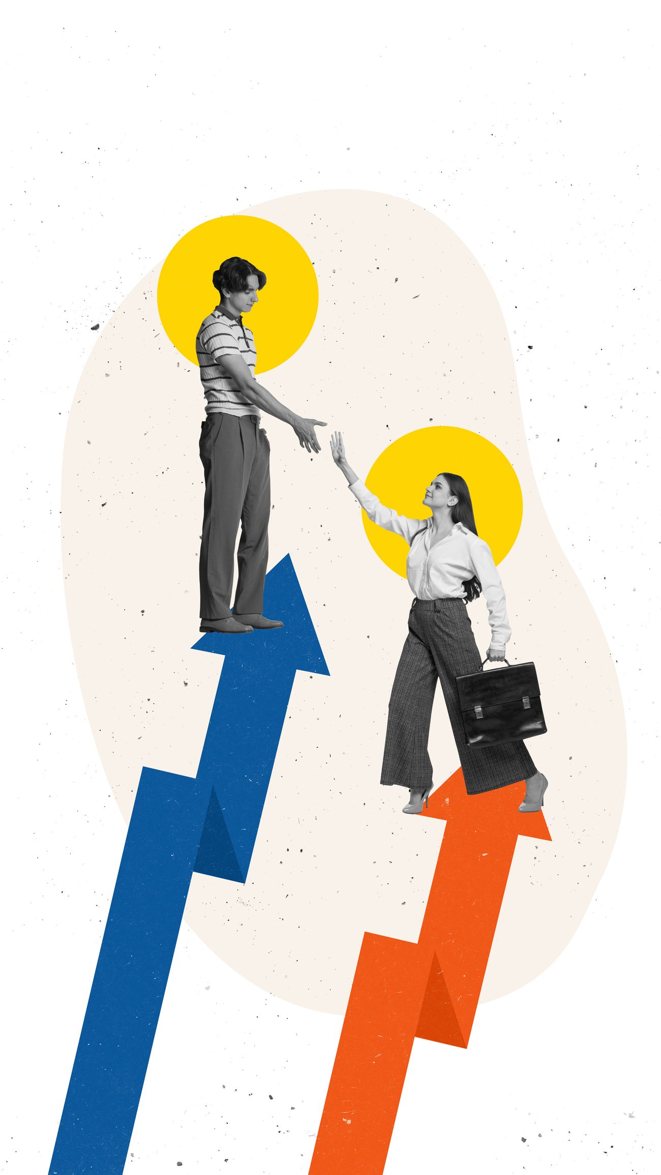 Stylized illustration of a woman in business attire with a briefcase helping a man standing on a blue upward arrow, set against a background with yellow circles and abstract shapes.