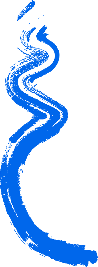 Abstract blue and black painted design resembling a winding river or streaks of paint on a black background.