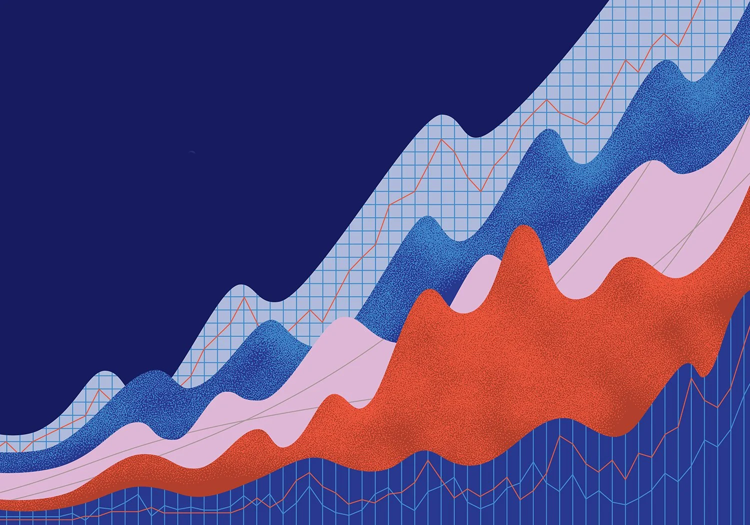 Digital illustration of multiple layered line and area graphs on a dark blue background, with grid lines and data points in red, purple, and blue.