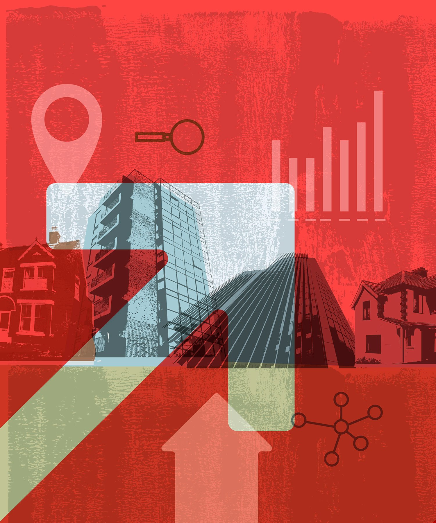 A collage of buildings, a magnifying glass icon, a graph with increasing bars, and a molecular structure icon on a red and green background.