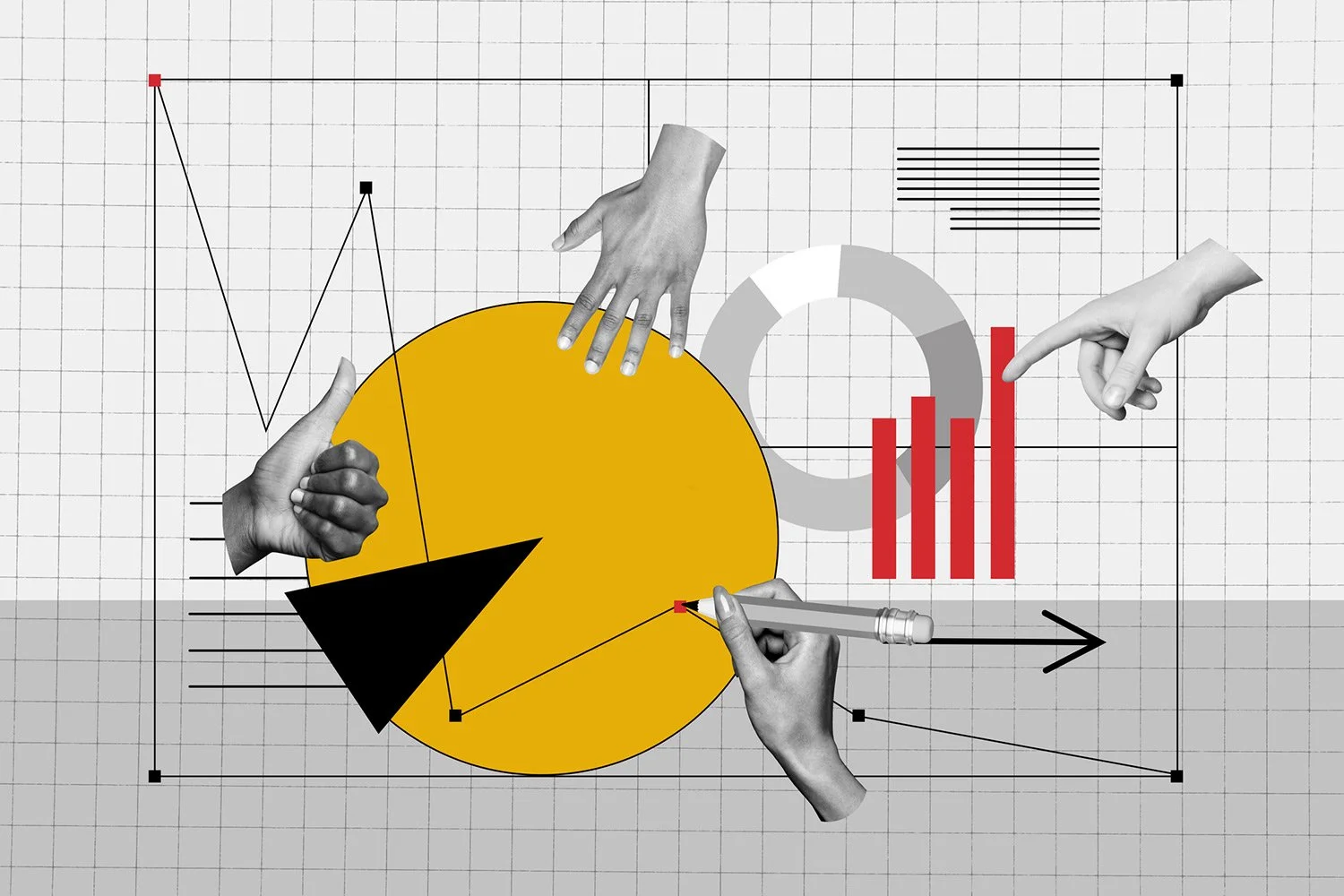 A collage with a background of graph paper and charts, including a pie chart, bar graph, and line graph. Three hands are interacting with the charts: one hand is giving a thumbs-up, another hand is pointing at the bar graph, and a third hand is writing on the pie chart with a pen.