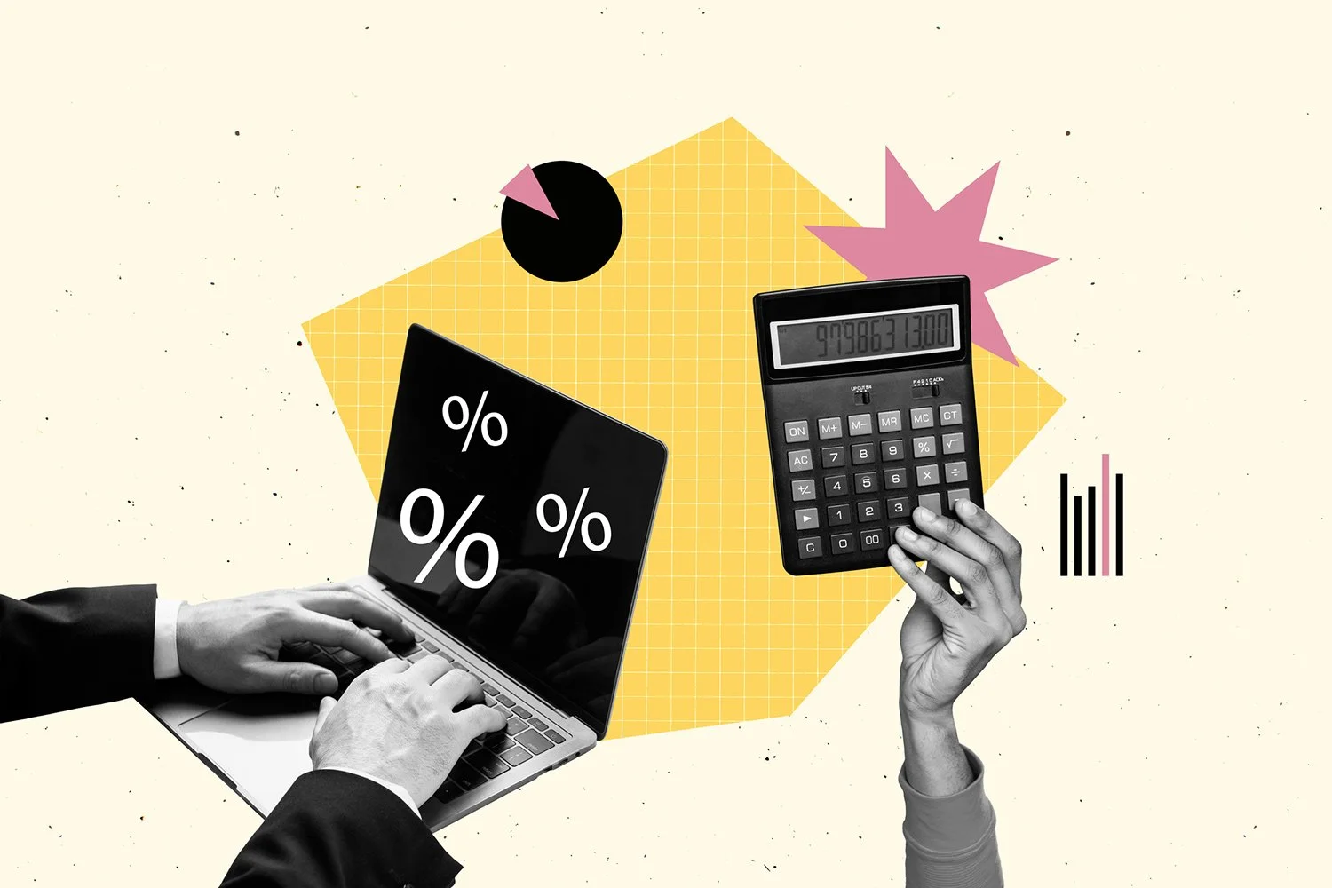 A collage of financial and business elements including a person's hands typing on a laptop keyboard with percentage signs on the screen, a hand holding a calculator displaying numbers, and various abstract shapes and graphics.