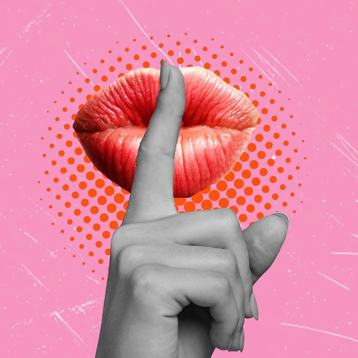 A black and white photograph of a hand holding up a finger in a shushing gesture, with a superimposed image of red lips on a pink background with orange dots and graphic design elements.