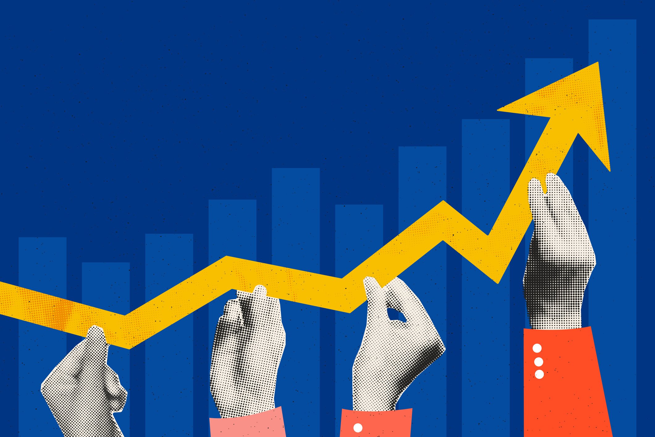 A stylized graphic of eight hands pointing upward, with a yellow arrow rising above them, set against a blue background with bar chart elements.