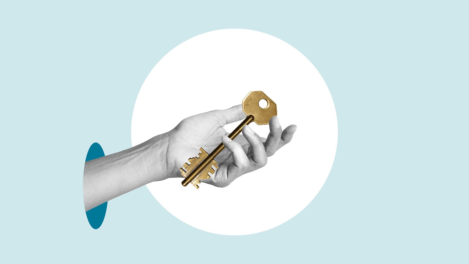 A black-and-white image of a hand holding a gold key with a circular top and rectangular teeth against a light blue background with a white circle in the center.