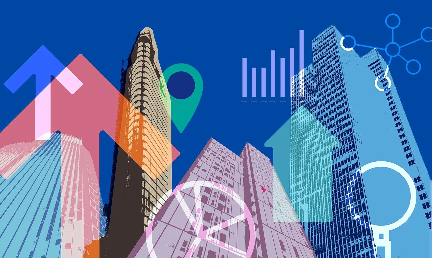 Abstract digital illustration of skyscrapers with overlaid graphs, charts, and icons on a blue background.