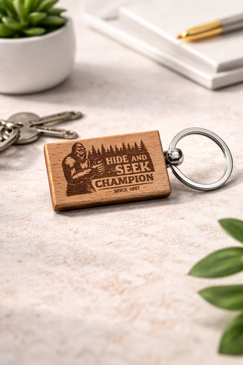 Bigfoot Keychain – “Hide and Seek Champion Since 1857” Engraved Wooden Sasquatch Keychain