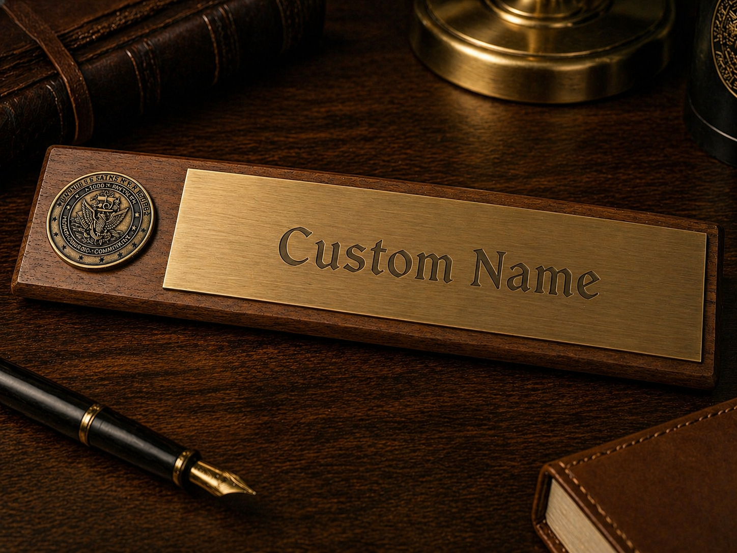 Premium Walnut Desk Wedge with Engraved Brass Plate | Custom Nameplate with Coin