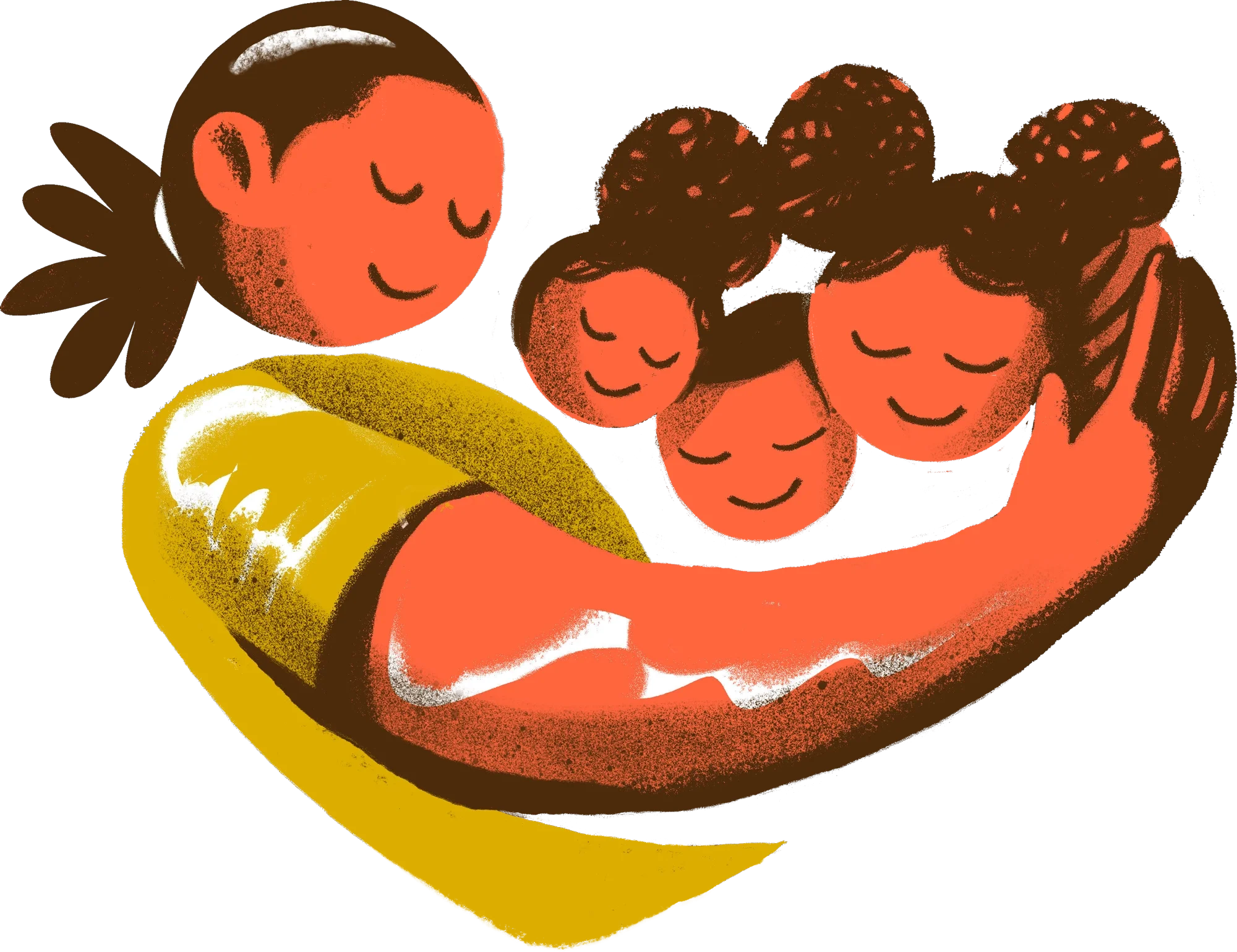 An illustration of a person hugging a large banana, with five children smiling and embracing two other children, all with closed eyes.
