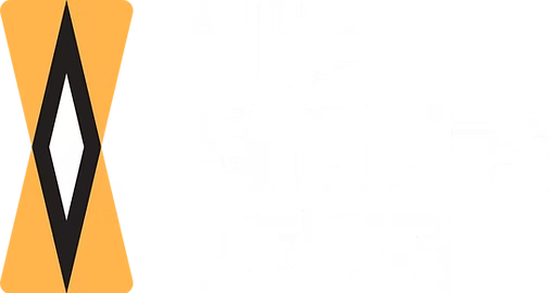 Logo of 'The Stories of Us' featuring a stylized geometric flame or leaf shape in orange and black.