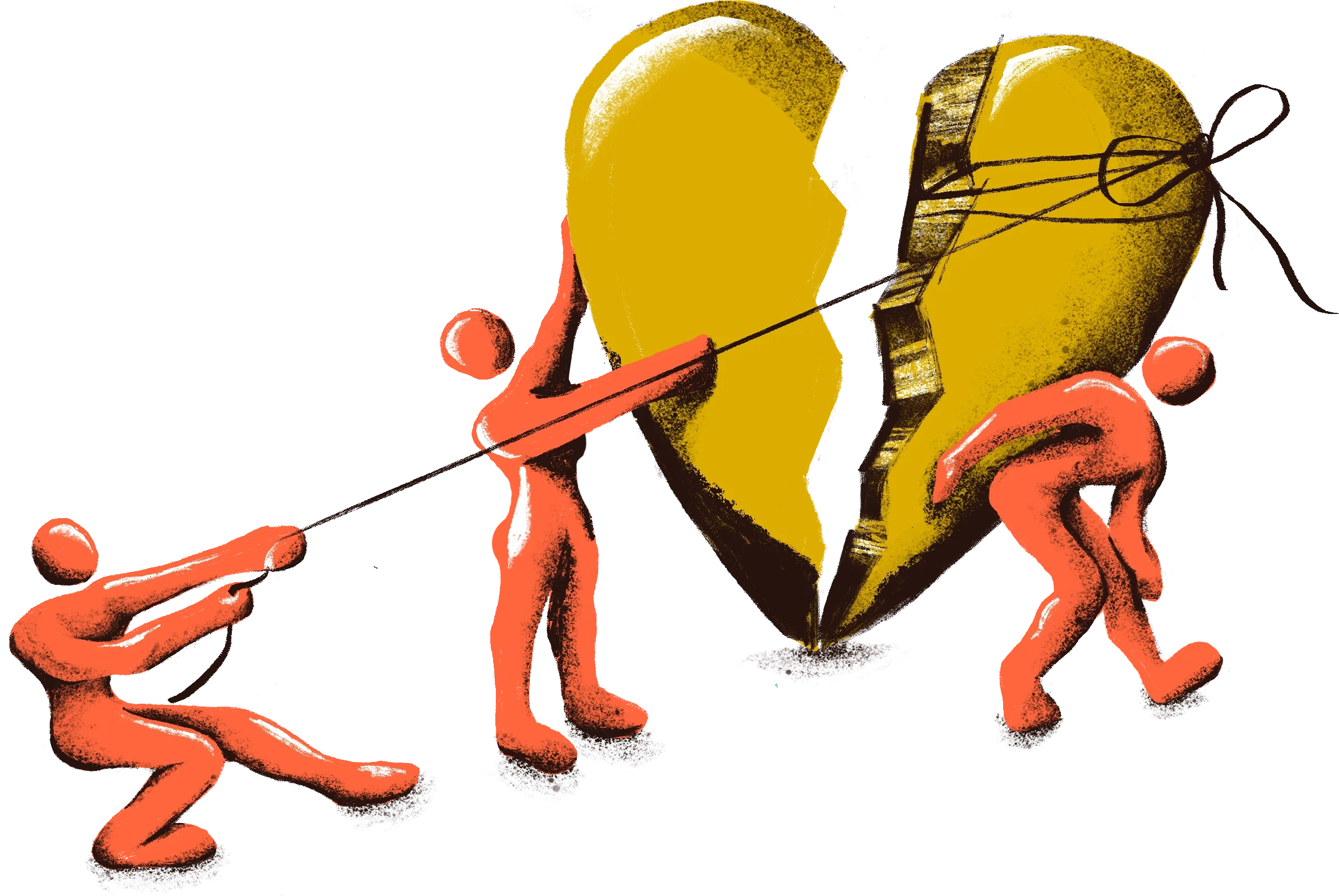 Illustration of three people repairing a heart by pulling it together.