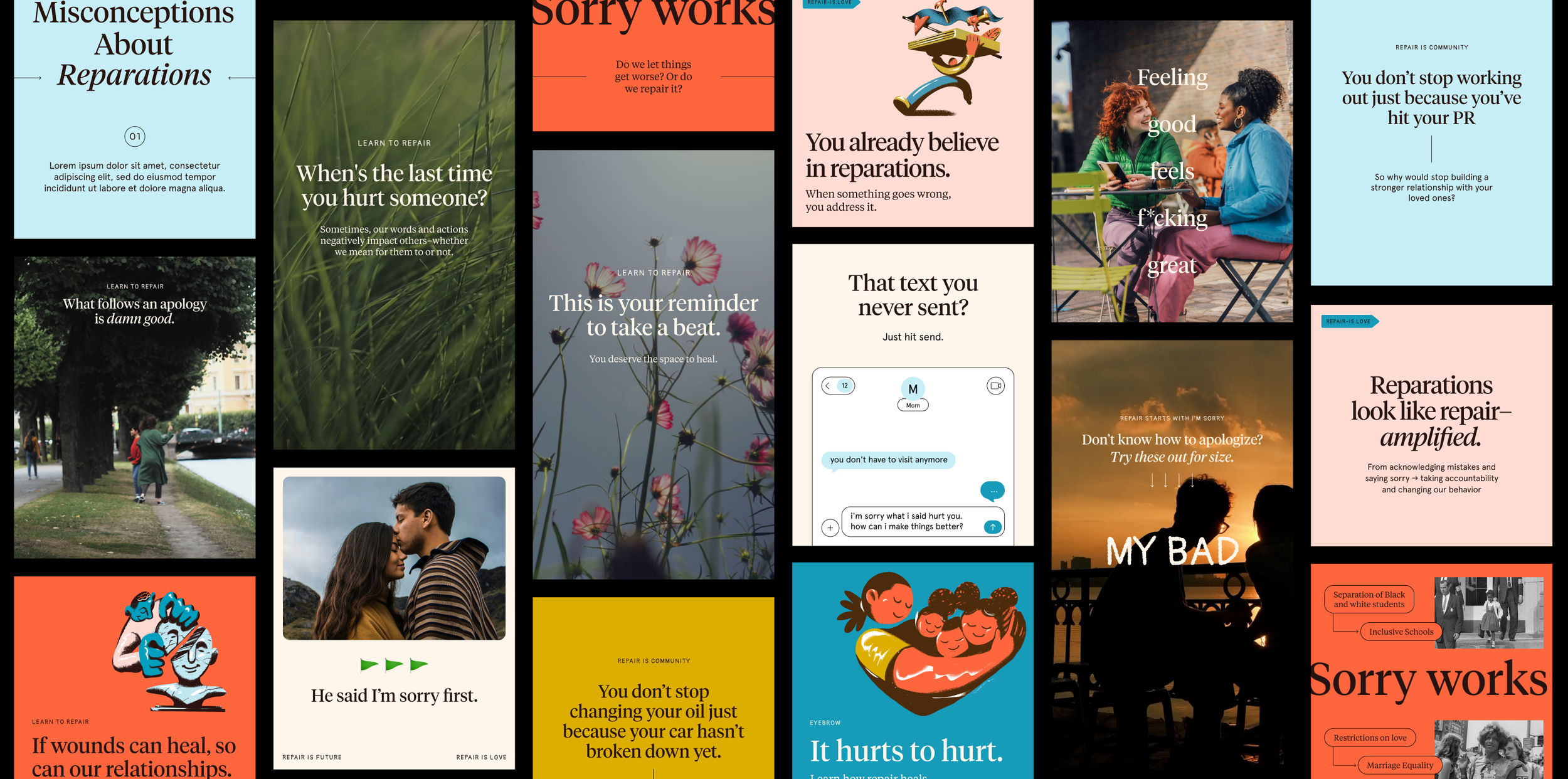 A collage of various social media or digital graphics with messages about reparations, apologies, healing, and social issues. Includes images of people, nature, and abstract illustrations, with text in different colors and fonts.