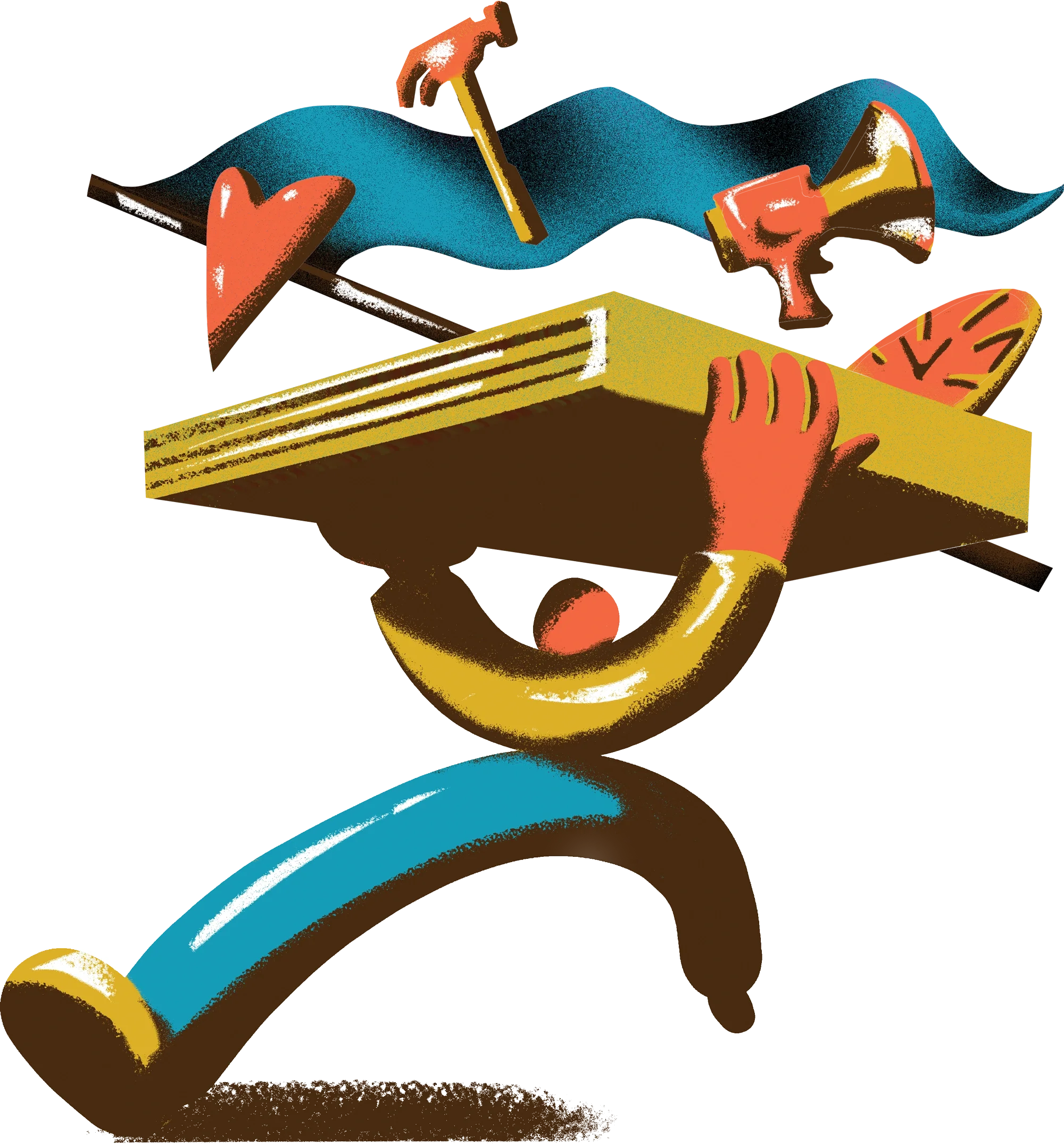 An abstract illustration of a person holding a board with various tools and objects emerging from it, including a hammer, a microphone, and a rolled-up scroll, with vibrant colors and textured shading.