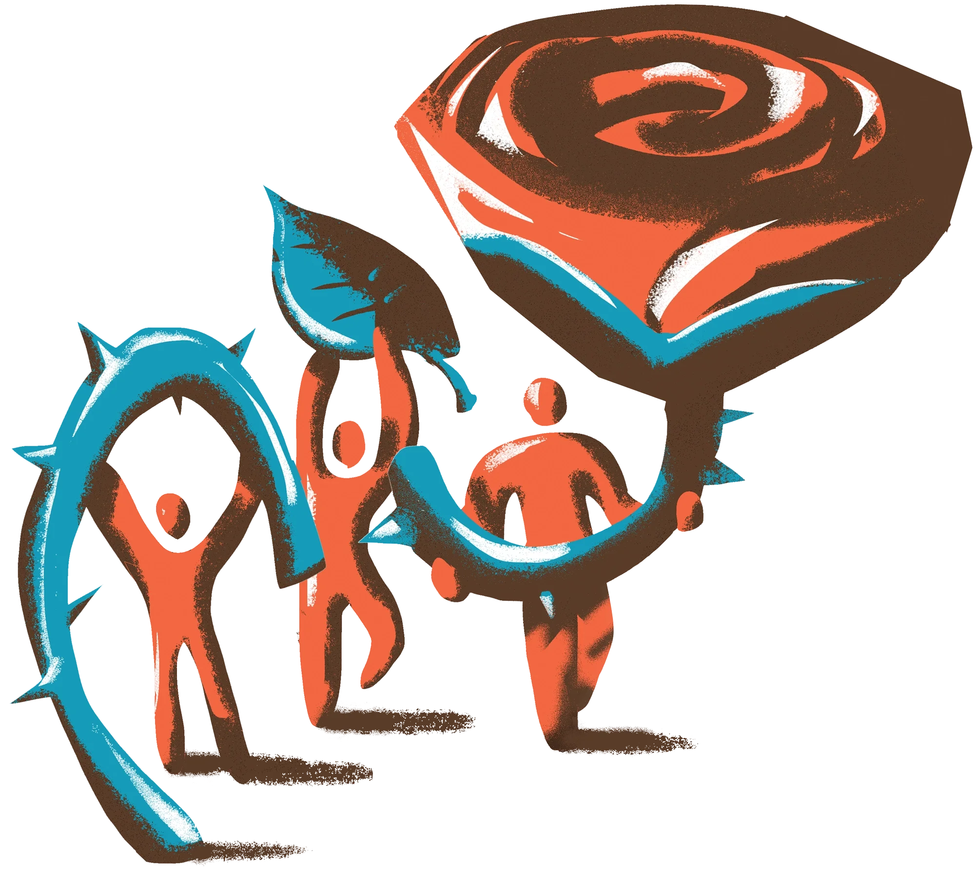 Illustration of three people repairing a rose