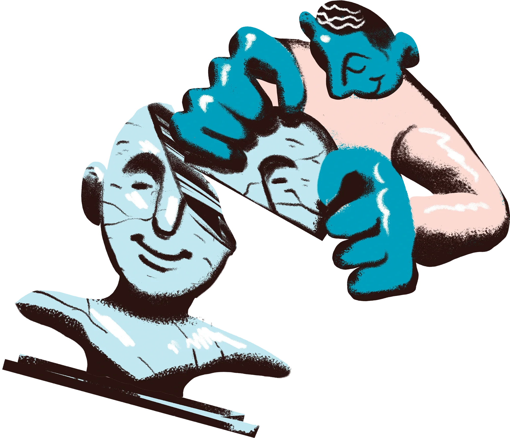Cartoon illustration of a person with blue skin and dark hair, wearing a white shirt with black spots, repairing a statue of themselves