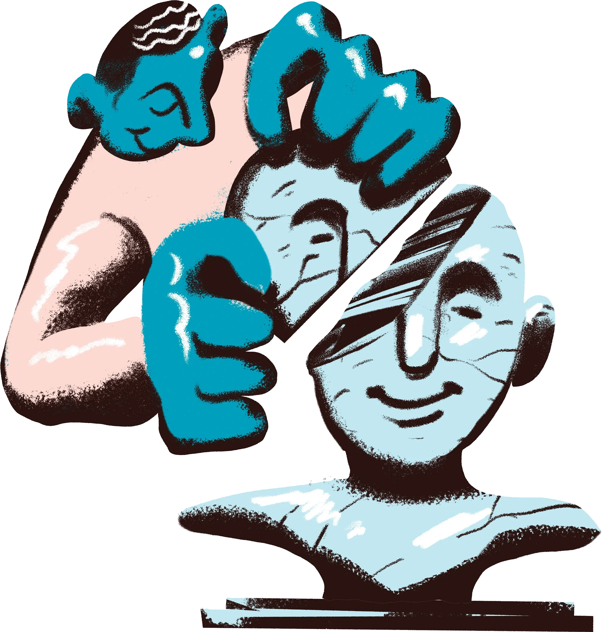 Cartoon illustration of a person with blue skin and dark hair, wearing a white shirt with black spots, repairing a statue of themselves