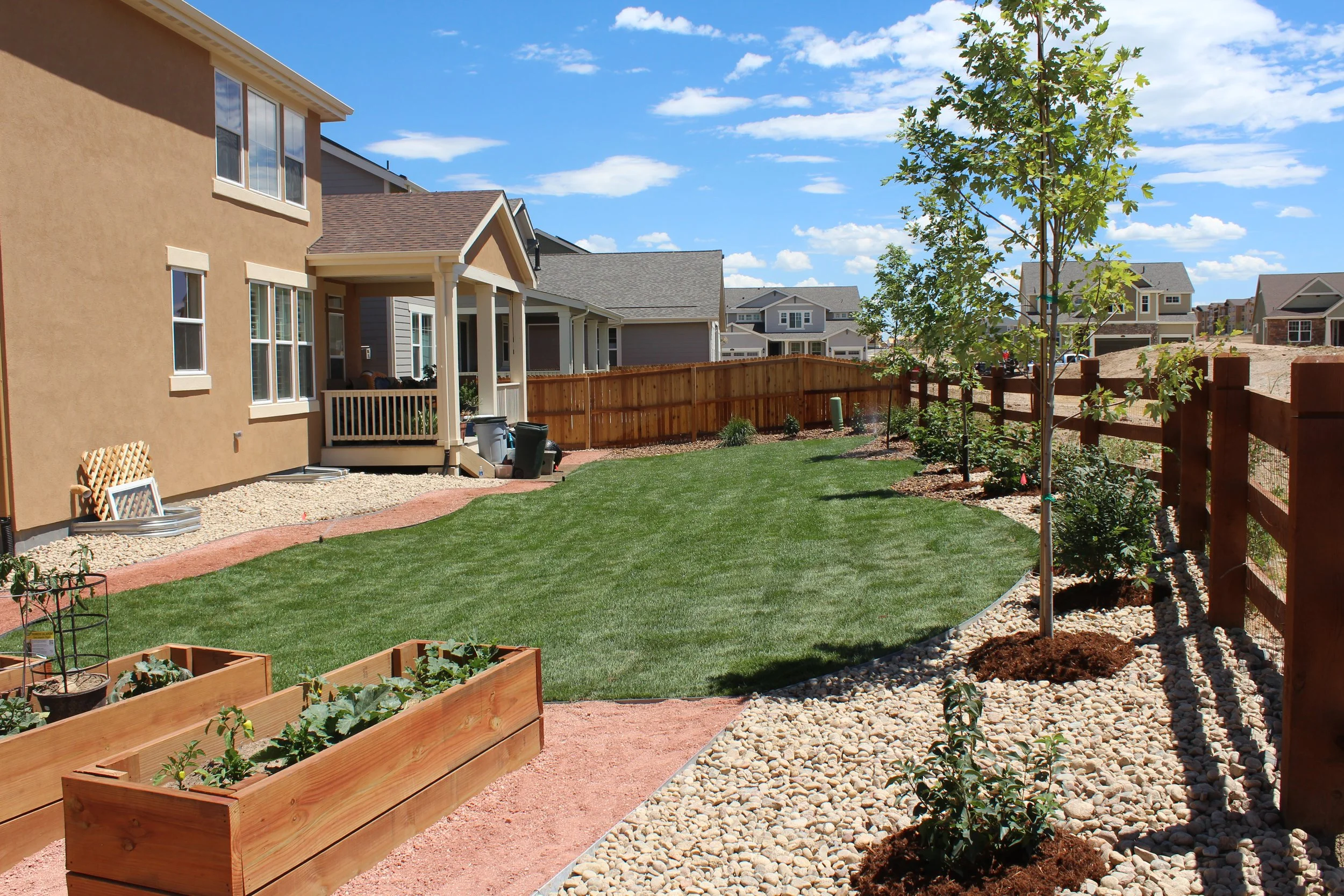 Parker new construction back yard planters and sod and trees