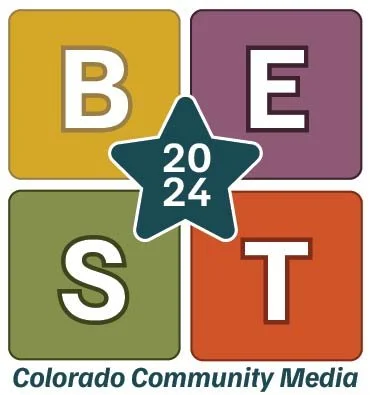 A logo with four colored squares forming a cross, with a star in the center displaying the year 2024. The squares contain the letters B, E, S, and T. Below, the text reads "Colorado Community Media."