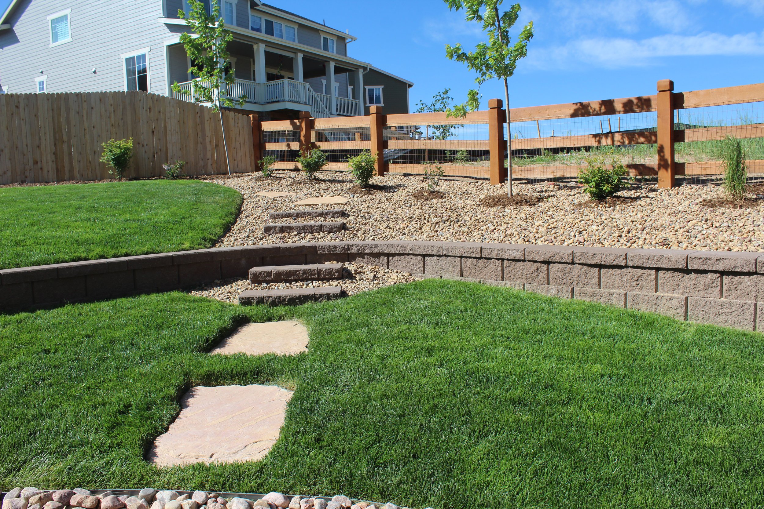 Parker New Construction retaining wall and sod with plants in back yard