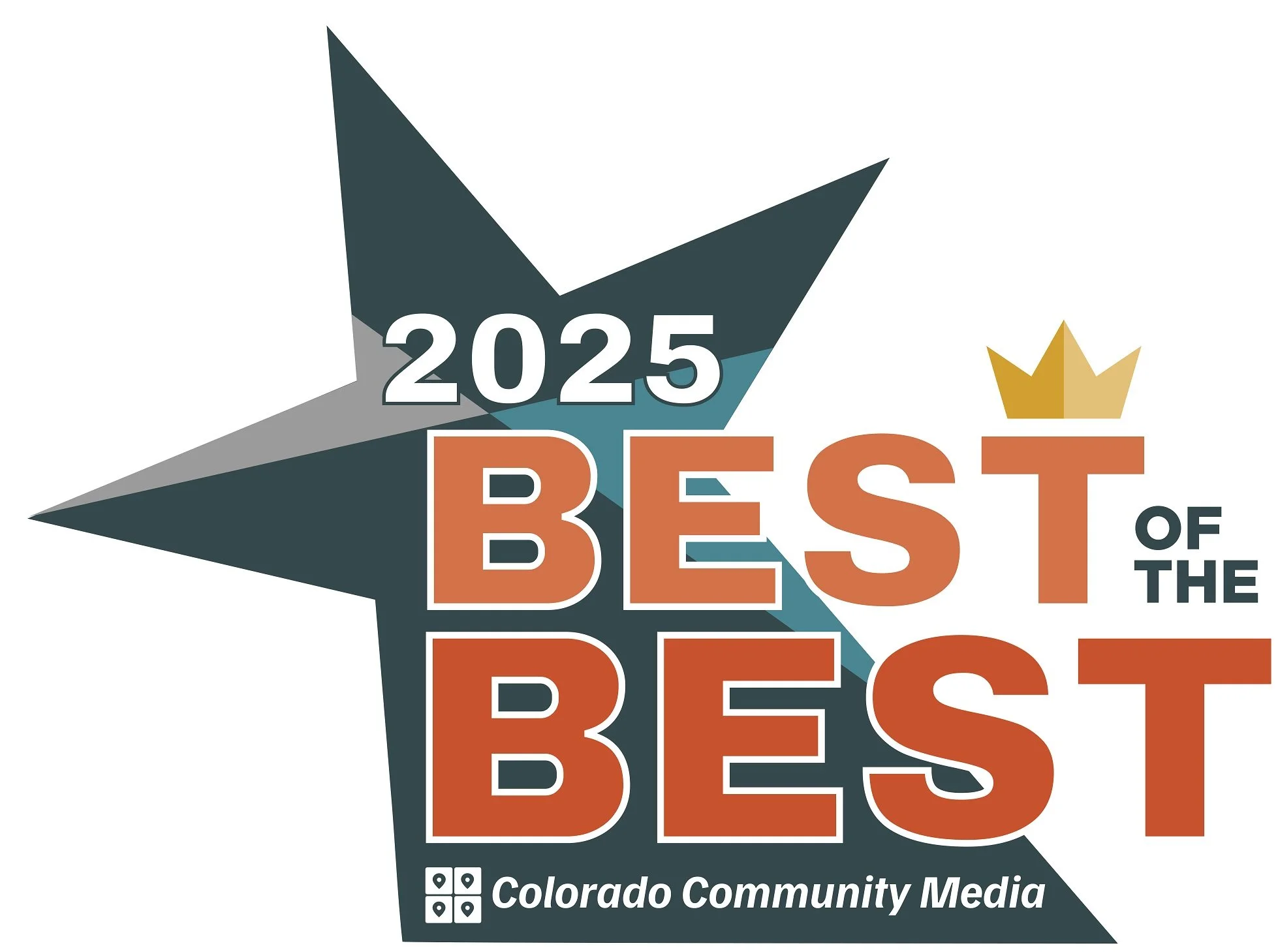 Graphic featuring a large star with the text '2025 Best of the Best' and a small gold star at the top right. Below, it says 'Colorado Community Media' with four small location icons.