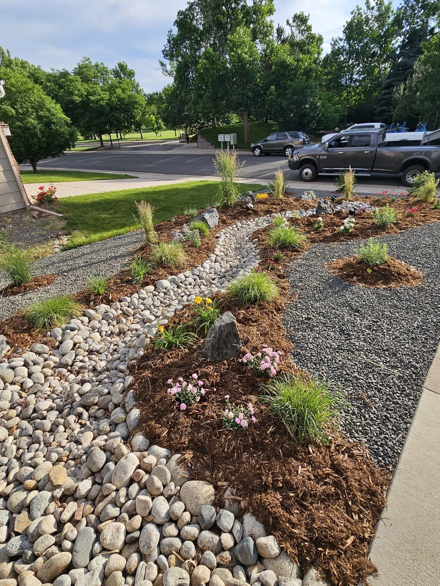 Highlands Ranch ColoradoScape Xeriscape front yard dry river boulders cobble shrubs perennials