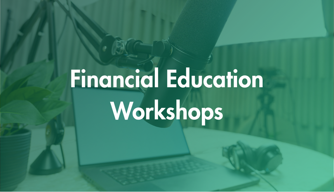 A microphone, a laptop, and headphones on a table with a plant and camera in the background promoting a financial education workshop.